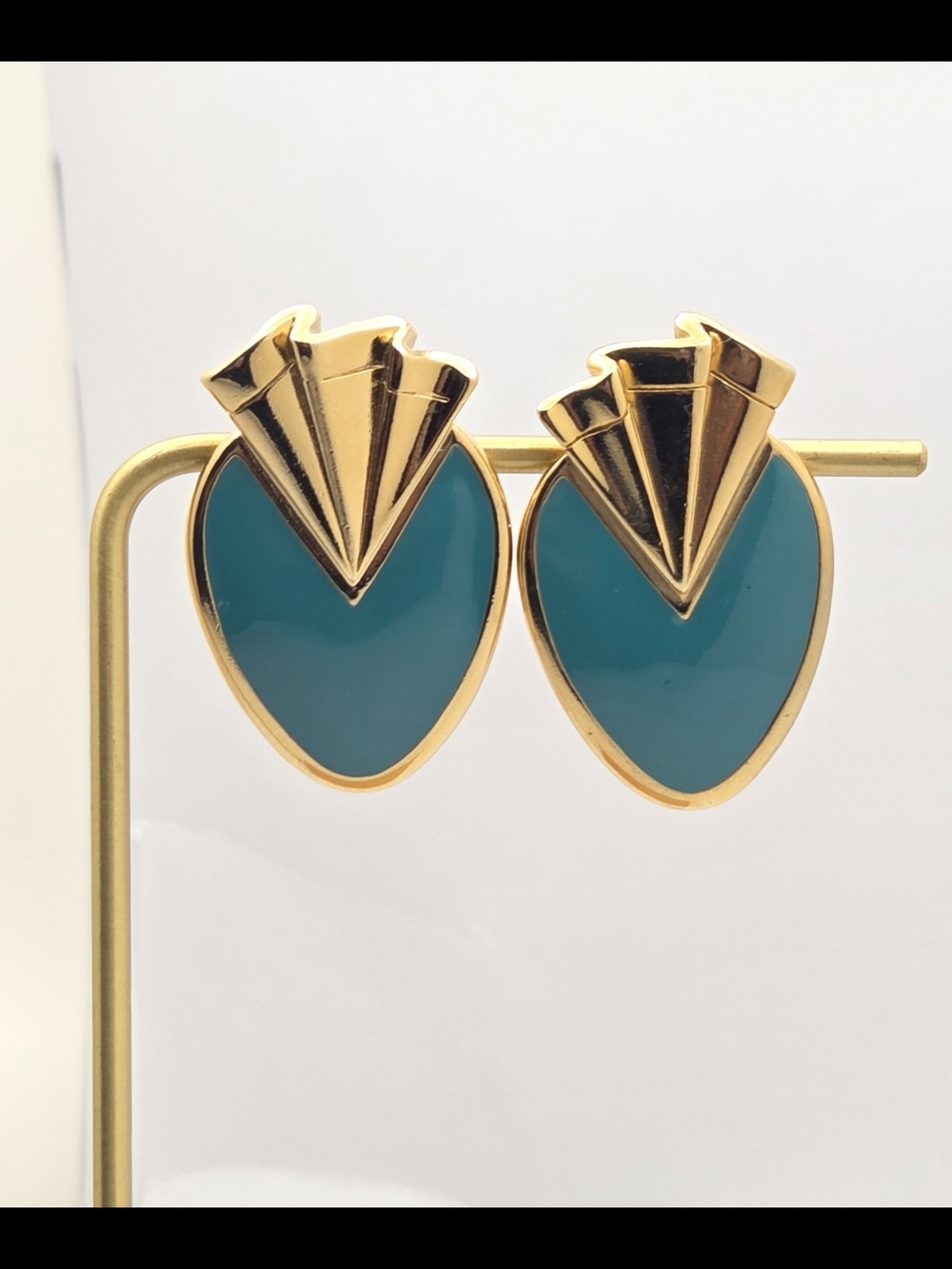Vintage Art Deco Gold Teal Enamel Shield Fan Earrings Pierced Statement